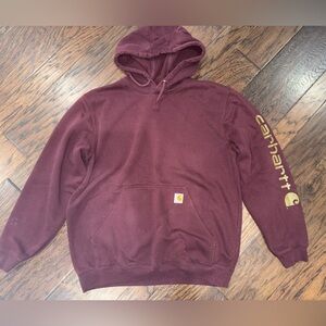 Carhartt Men's Burgundy Hoodie with Gold Logo size Large